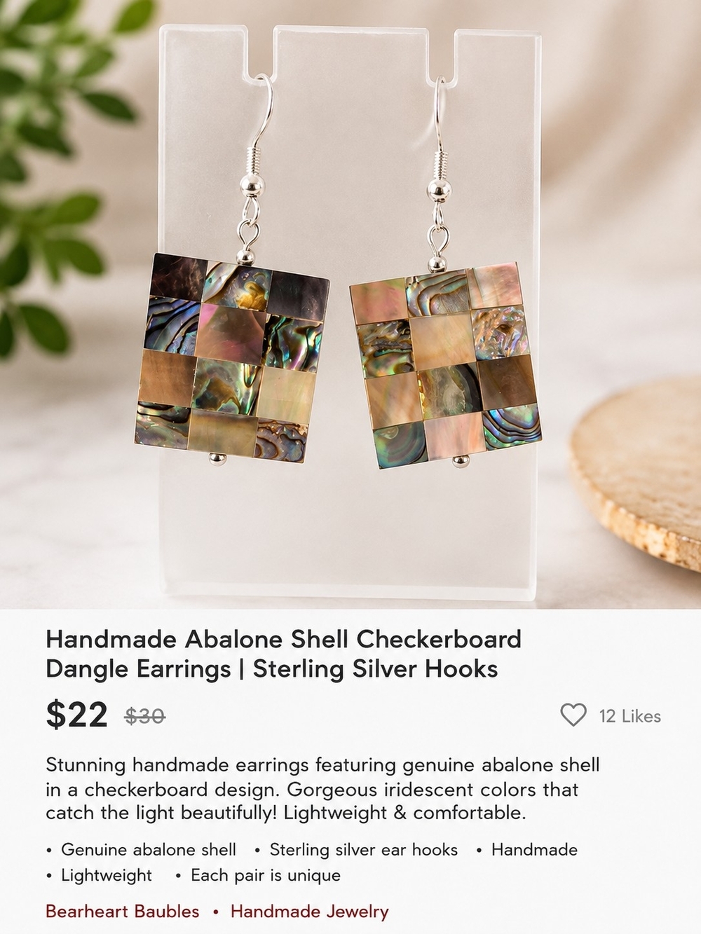 Sterling Silver Abalone Mosaic Drop Earrings - Iridescent Multi - Picture 2 of 2